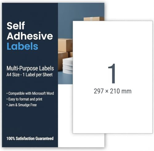 A4 Etiketten Selbstklebend 100 Blatt – Universal Aufkleber Papier Matt Weiß 210 x 297 mm – Bedruckbar für Inkjet & Laser Drucker – 1 Etikett pro Blat