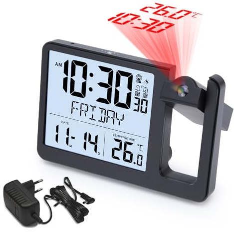 VIVILINEN Funkwecker mit Projektion und Netzteil, 2 Weckzeiten, Lichtsensor | Projektionswecker Funk mit Temperaturanzeige, Snooze, Datum, Wochenanzeige für Schlafzimmer