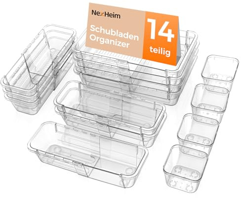 NexHeim Erweiterbares Schubladen Organizer Set 14-teilig in 3 Größen, Schminktisch Organizer, Make up Organizer, Badezimmer Organizer, Schreibtisch Organizer, Organizer Küche