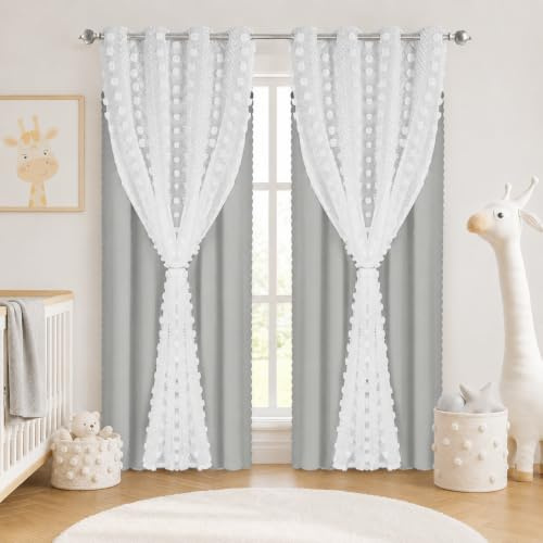 Doppellagige Verdunkelungsvorhänge Kinderzimmer 2er Set B132xH213cm, Grau | Blickdichte Gardinen Thermoisolierte mit Ösen Pompoms für Kinder Mädchen Fensterbehandlung Schlafzimmer