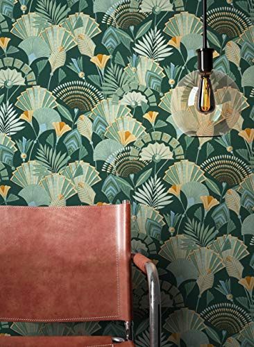 NEWROOM Tapete Grün Vliestapete Dschungel - Dschungeltapete Tropisch Blau Gold Blätter Fächer Floral Modern Mustertapete Botanisch inkl. Tapezier-Ratgeber