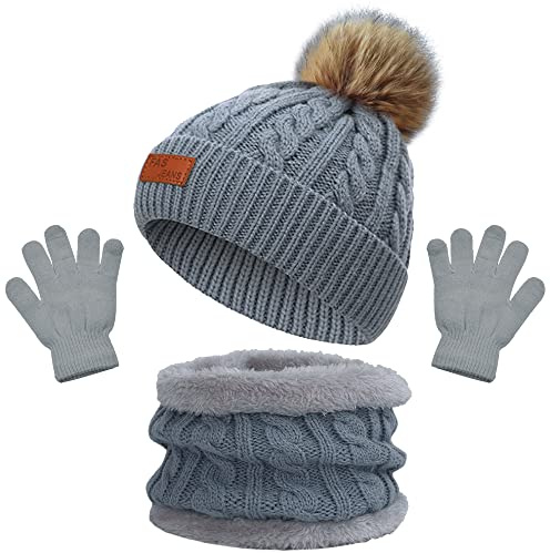 beifon Gorro de Punto Invierno Térmico con Guantes y Bufanda Forro Polar Niños Set Beanie Gorro Sombrero de Punto Invierno Cálido con Pompon para Niños Niñas 3-5 Años (Gris)