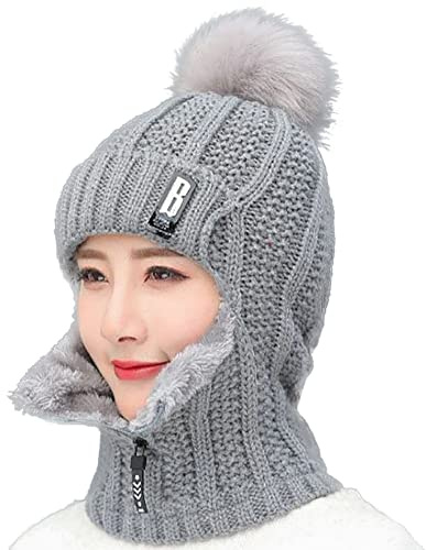 WANYIG 2 i 1 vinter stickad mössa halsduk mössa set vintermössa beanie damer varm slinga stickad halsduk vindtät mössa med fleecefoder 55–60 cm, GRÅ, En Storlek
