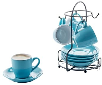 Imusa USA Lot de 8 tasses à expresso et soucoupes Bleu et blanc 85 g avec support de rangement