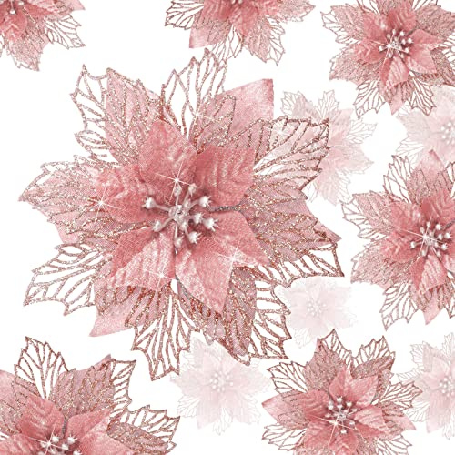 Geosar 24 Pieces Christmas Glitter Poinsettia Flowers Layered Artificial Xmas Flowers Wedding Christmas Tree New Year Ornaments (Rose Gold) | Christmas Tree Ornaments,Wedding New Year Party, Holiday Festive Decoration, 3/4/6 Inch