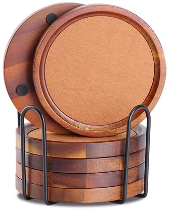 Untersetzer Gläser 6er Set, 12cm Holz Untersetzer rund für Gläser, Glasuntersetzer mit Halter aus Akazienholz, Filz Untersetzer für Getränke, Bar, Tassen, Glas
