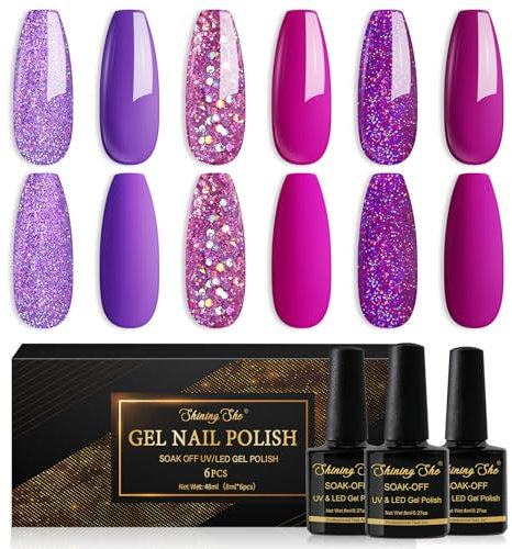 Shining She Esmaltes Semipermanentes de Uñas en Gel UV LED,6 Colores Glitter Púrpura Lavanda Lila Brillante Pintauñas Semipermanentes para Principiantes Art DIY en Casa,8ML