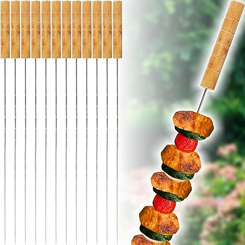 Grillspieß 12 Stück wiederverwendbar Edelstahl Schaschlikspieße Barbecue Spieße mit Holzgriff (12 Stück)