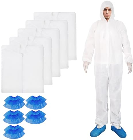 ETERNA Hazmat Suits- 5 Pack Disposable Protective Coveralls with Hood, Zipper, Elastic Wrists, Shoe Covers for Men & Women, Shield from Dirt, Dust, Paint (White, Large)