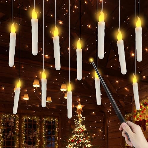 24 Stück Weihnachtsdeko Schwebende Kerzen, Flammenlose Floating Candles mit Zauberstab-Fernbedienung, Weihnachten Deko LED Fliegende Kerzen Batteriebetrieben für Weihnachtsdeko Innen und Party Deko