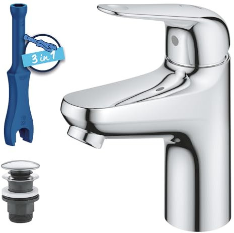 GROHE Swift Mitigeur Monocommande Lavabo, Economie d'Eau, Ouverture Eau Froide, Taille S, Vidage Clic Clac, Installation Facile, Chromé, 24323001
