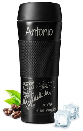 Maverton tazza caffè termica 450 ml, thermos personalizzato in acciaio inox | borraccia termica custodia antiscivolo, tazza coperchio ermetico, borraccia da viaggio per uomo, nero, Viaggio