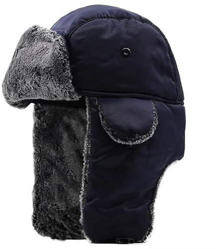 Russische Mütze Unisex Männer Frauen Russische Mütze Trapper Bomber Warme Trooper Ohrenklappen Winter Skimütze Flauschige Kunstfell Fliegermütze, Blau, 58-62Cm
