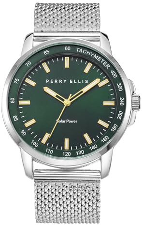 Perry Ellis Solar Powered Mens Watch | Steel Mesh Band | Water-Resistant Analog Wrist Watches for Men | 43mm Case | Aluminum Tachymeter Bezel | Elegant Gift for Man (Green)