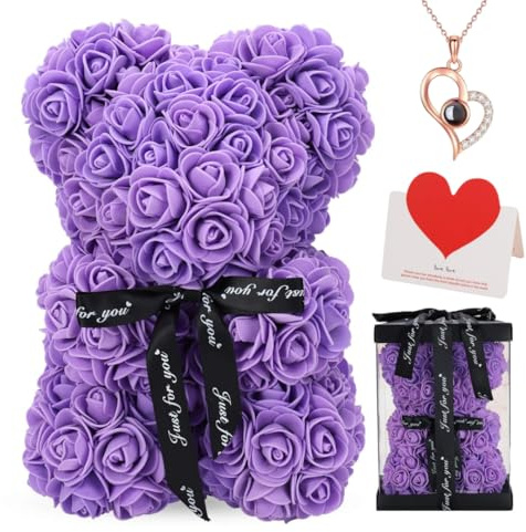 Rosenbaer Geschenk mit Geschenkbox, 25 cm kuenstlicher Blumen Teddybear, Romantisches Geschenk Fuer Jahrestag, Valentinstag, Hochzeit, Geburtstag (Lila)