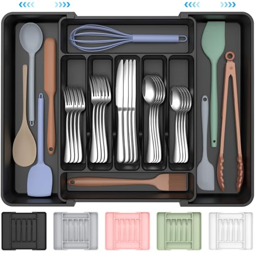 ukeetap Extra Large Expandable Silverware Organizer, Flatware Tray, Black