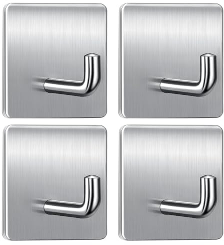 Woobroo Self Adhesive Hooks, Extra Sticky and Strong on Wall and Door, 4 Packs 304 Stainless Steel Heavy Duty Hooks for Doors, Kitchen, Bathroom, Cupboards, Office, Walls, Coats, Keys