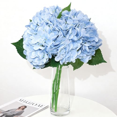 BOVUN 3PCS Artificial Silk Hydrangeas, Realistic Faux Hydrangea Bouquet for Home, Office, Wedding or Party Decoration (BLUE)