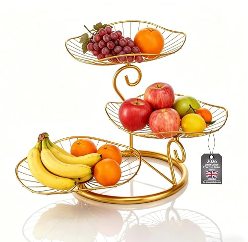 Mihoho 3 Tier Fruit Basket Stand for Kitchen,Fruit Bowl Large Basket,Metal Wire Countertop Storage Basket for Kitchen.Durable Kitchen Countertop Organizer for Fruits, Vegetables, Snacks (Gold K)