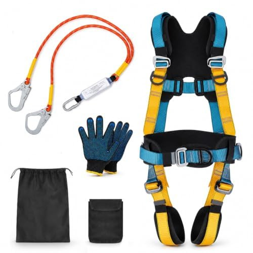 Absturzsicherung Sicherheitsgurt mit Verdickte Lendenwirbelstütze,Auffanggurt für Dachdecker,Baustelle,Kletterseil, klettergurt Herren, mit 2 x Schnallen und 2 x 2m Lanyards, Tragfähigkeit 100 kg