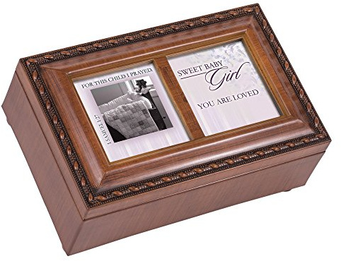 Cottage Garden Baby Girl Loved for This Child Woodgrain Rope Trim Jewelry Music Box Plays Jesus Loves Me