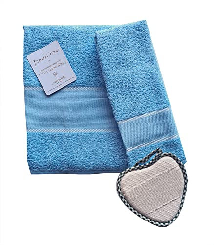 Set SPUGNE Bagno Viso + OSPITE 100% Spugna con Inserto in Tela Aida per RICAMARE Colore Azzurro + 1 Presina da Cucina in Omaggio Produzione Italiana