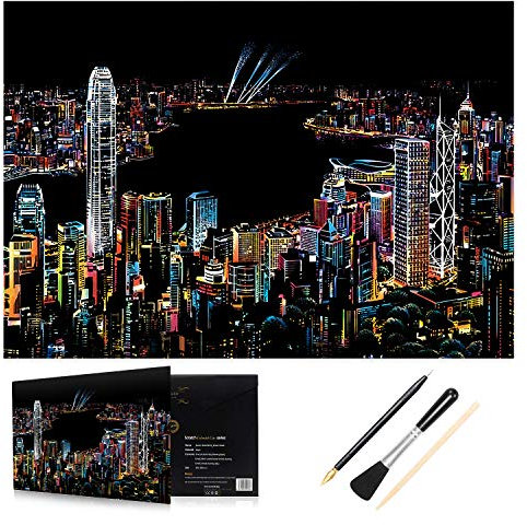 H HOMEWINS Kratzbilder 405 x 285 MM Weltberühmte Sehenswürdigkeiten Wandbild DIY Kunst Zeichnung City Night View Schwarz Beschichtet Bunte Kratzpapier mit Werkzeug Set (Hong Kong)