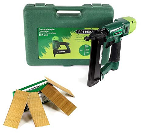 Prebena 2XR-J50 Druckluftnagler im Transportkoffer + Prebena Stauchkopfnägel Brads 50 mm 4000 Stück - aus verzinktem Stahl, geharzt