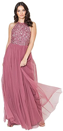 Abendkleid Pailletten Cocktailkleid Damen Tüllkleid Kleid Nackenband Abendkleid Elegant für Hochzeit Brautjungfernkleid