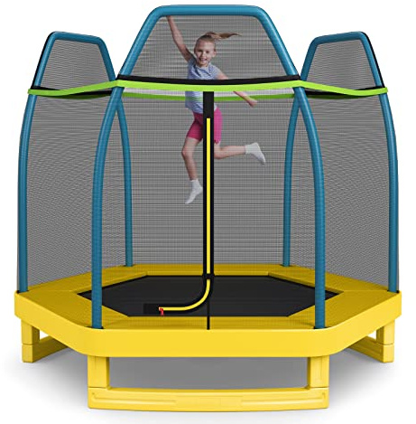 GYMAX Trampoline for Kids, 7FT Toddler Trampoline with Safety Enclosure Net & Seamless Spring Pad, Heavy Duty Small Indoor/Outdoor Trampoline for Boys, Girls Age 3+ (Yellow & Blue)