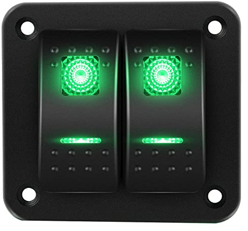 RUNCCI-YUN 2 Gang 12V pannello interruttore, Pannello interruttore a bilanciere 5 Pin On Off Toggle interruttori luce Verde pannello impermeabile per 12V/24V Marine Boat RV Truck Car ATV