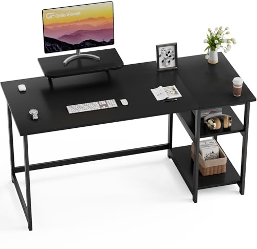 GreenForest Schreibtisch 140cm, Bürotisch Mit Stauraum, Computertisch Mit Monitorständer für Home Office, Schwarz