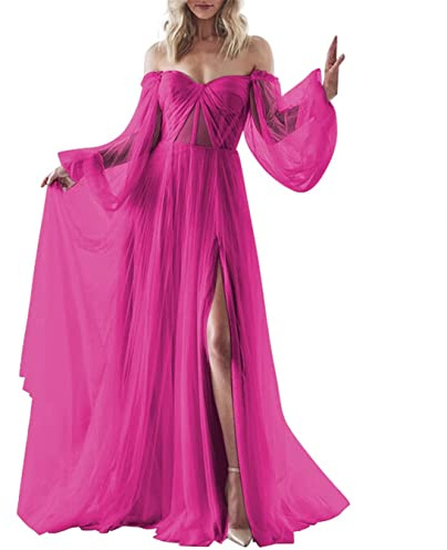 Robe de bal de mariage pour femmes et juniors - Manches longues - Élégante - Épaules dénudées - Moulante - Robe de demoiselle d'honneur, fuchsia, 46