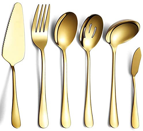 KOKSII de Cubiertos de 6 Piezas para Servir Cubiertos, de Utensilios para Servir, Incluye Servidor para Pasteles, Cuchara Ranurada para Servir Dorado