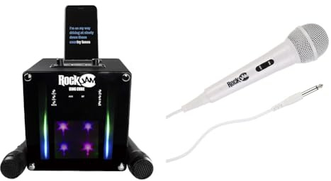 RockJam RJSC01-BK Singcube 5-Watt Rechargeable Bluetooth Karaoke Machine Black & Karaoke Microphone Wired Unidirectional Dynamic Microphone with Three Metre Cord - White