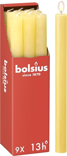 Bolsius - Rustik Stabkerzen - Gelb - 9 Stück - 27 x 2.3 cm - Länge Brenndauer 13 Stunden - Unparfümierte - Enthält Natürliches Pflanzenwachs - Ohne Palmöl