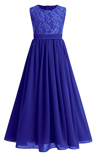Flowy Dress for Kids Girls, Sleeve Lace Chiffon Flower Girls Dresses Junior Bridesmaid Communion Party Dress Princess Pageant Maxi Belted Baptism Party Long Prom Gown Royal Blue-lace 9-10 Years