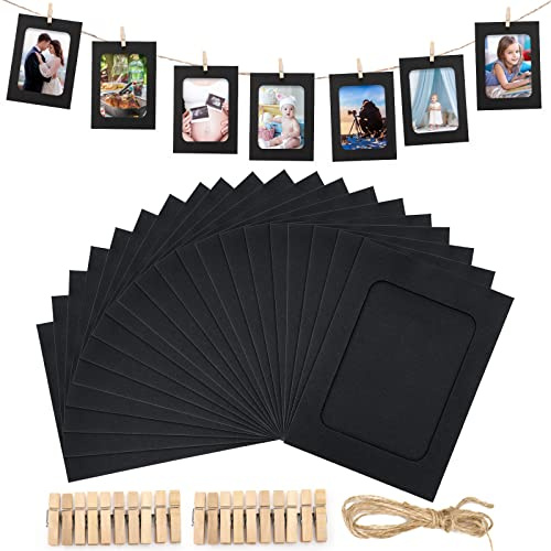 G2PLUS Papier Fotogirlande mit 20 Stück Rahmen, 11.5x15.5cm Schwarz Papier Fotorahmen, DIY Karton Bilderrahmen mit olzklammern & Hanfseil, Hängende Karton Albumrahmen für Dekoration