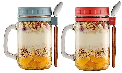Hniuyun 2 Pack Overnight Oats Jars with Lids and Spoon, 16 oz Airtight Breakfast Jars with Handle, Mason Jars with Lid for Salads Cereal Milk Porridge Fruit(Grey+Red)