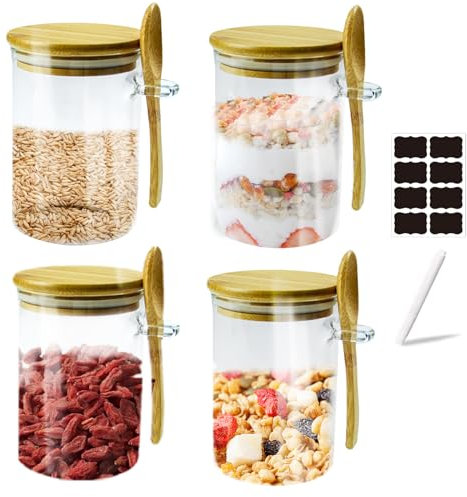 Hyacinthy Vorratsdosen mit Luftdichtem Deckel und Löffel Holz, 4er Set 650 ml Overnight Oats Gläser Meal Prep Glas Vorratsgläser mit Holzdeckel Aufbewahrungsgläser Küche Storage Jars Glasbehälter