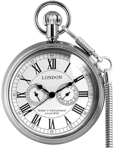 VIGOROSO Herren Vintage Vollkupfer Handaufzug mechanische Sekunden- und 24-Stunden-Hilfszifferblätter Taschenuhr in Box, Stahl, Taschenuhr