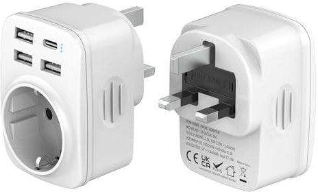Hoppac Adattatore Presa Inglese,Adattatore Spina Inglese Con 3 USB A e 1 USB C,5 in 1 Multifunzionale Adattatore Presa Inglese A Spina Italiana,Adatto Per Regno Unito,Irlanda,Singapore,Dubai,Tipo G