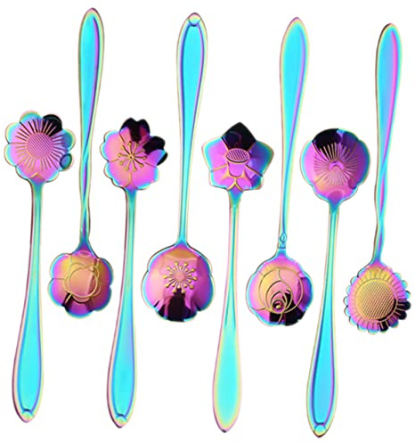 LIFKOME Lot De 8 Cuillères à Mélanger En Acier Inoxydable Arc-en-ciel Plaqué Or, Accessoires De Bar En Métal, Design Floral Varié, Pour Cocktail Et Mélange à Domicile