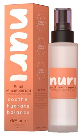 Nuri Snail Mucin Serum - Potent Serum Contains 96% Snail Mucin, Hyaluronic Acid - Smoothes Blemishes, Reduces Fine Lines - Pump for Easy Application - Ultra-Hydrating Korean Skincare Staple