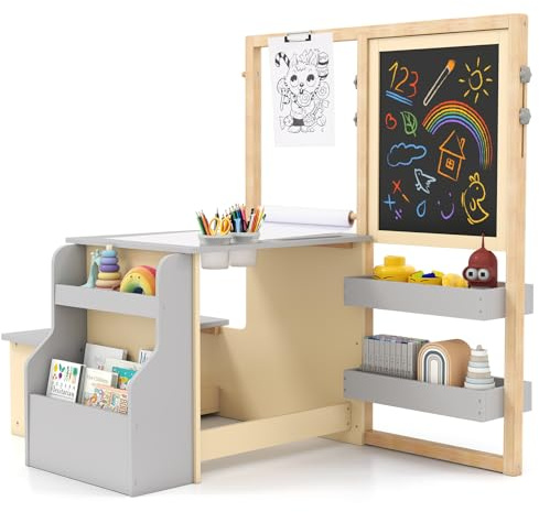 GOPLUS Bureau Enfant Fille Garcon avec Banc, 3 en 1 Tableau Chevalet Enfant Double Face Ajustable, Table de Dessin en Bois avec Rouleau de Papier, Tableau Blanc/Noir, Charge 50KG, Gris
