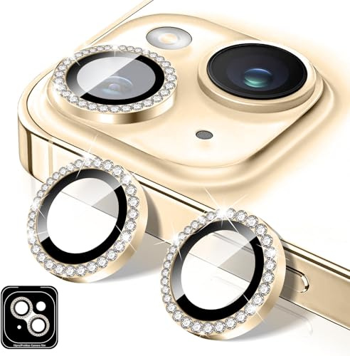 Kucheed Diamond Camera Lens Protector Compatible for iPhone 13/13 Mini, Bling Tempered Glass Camera Cover, Individual Automatic Alignment Metal Rings, Glitter Phone Lens Cover Film Stickers