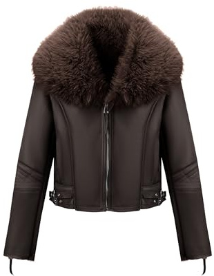 Geschallino Damen Kunstleder Wildleder jacke Sherpa Gefüttert Warme Winter Kurz Mantel mit Pelzkragen 267 Coffee S