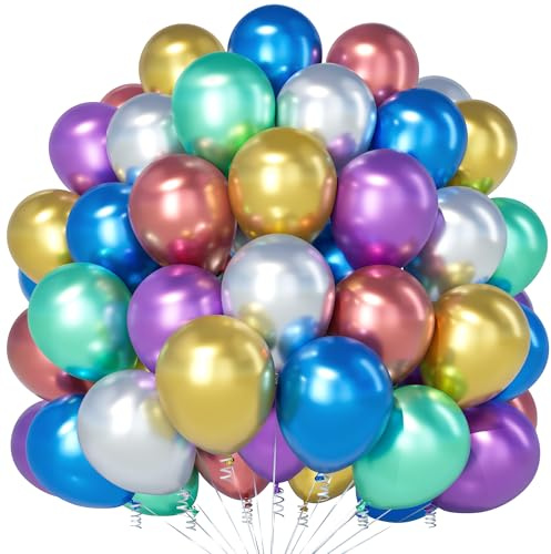 Teselife 100 Pezzi Palloncini Metallizzati 12 Pollici Assortiti (Argento, Rosso, Viola, Oro, Verde, Blu), per Compleanno, Matrimonio, Diploma, Capodanno, Natale, Decorazione Feste ed Eventi Festivi