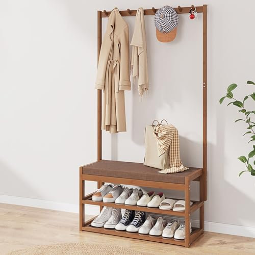 Garderobenständer mit Schuhablagen,Stabil Kleiderständer mit ablage,Garderobe mit 10 Hakens, Freistehende Garderobe mit sitzbank, für Diele, Schlafzimmer, aus Bambus, Höhe 175 cm