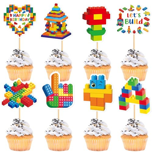 Cyodoos 24 Stück Baustein-Geburtstagsparty-Cupcake-Topper für Jungen und Mädchen, Geburtstagsparty-Dekorationen, Backstein-Thema, Geburtstagsdekorationen für Kinder und Erwachsene,